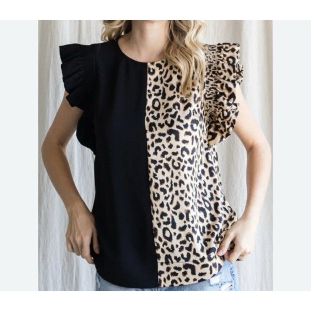 Jodifl Colorblock Animal Print Black Ruffle Flutter Sleeves Blouse Size Medium